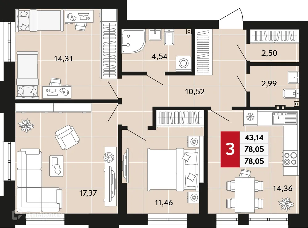 Планировка 3-комнатной квартиры 78.05 м² в ЖК Невский квартал, г. Верхняя Пышма — фото 1