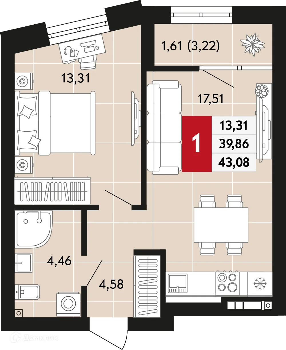 Планировка 1-комнатной квартиры 43.08 м² в ЖК Невский квартал, г. Верхняя Пышма — фото 1