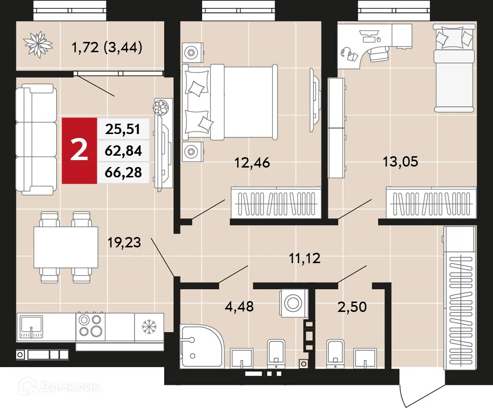 Планировка 2-комнатной квартиры 66.28 м² в ЖК Невский квартал, г. Верхняя Пышма — фото 1