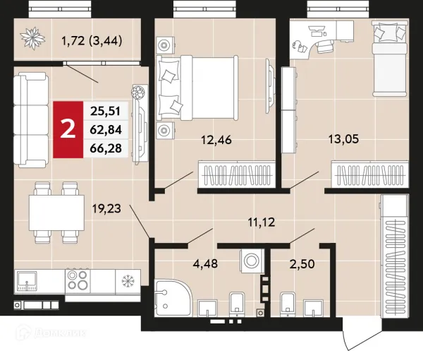 Планировка 2 комн. в ЖК Невский квартал