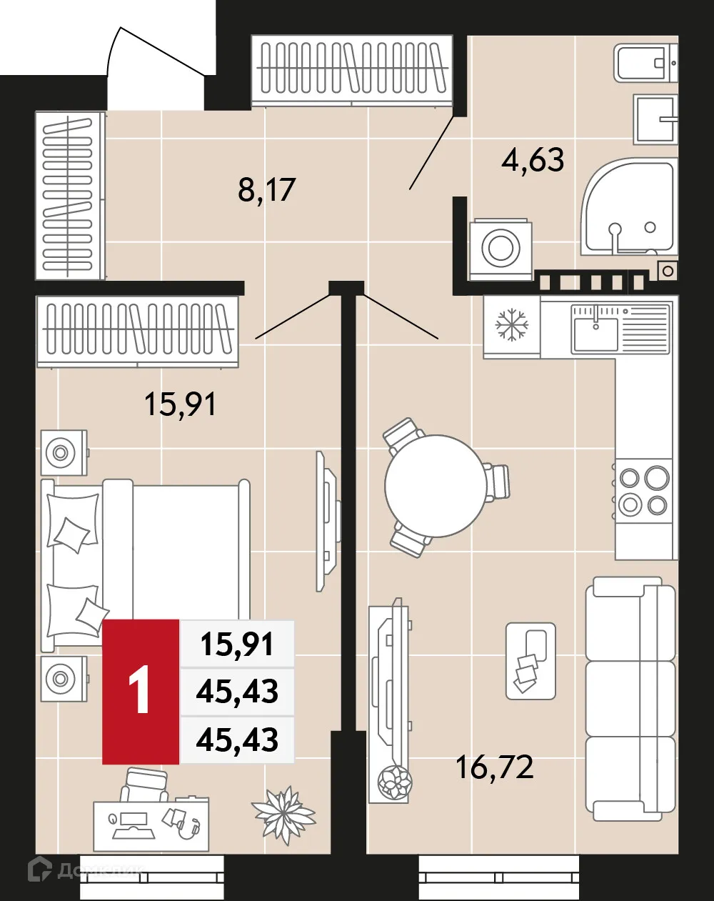 Планировка 1-комнатной квартиры 45.43 м² в ЖК Невский квартал, г. Верхняя Пышма — фото 1