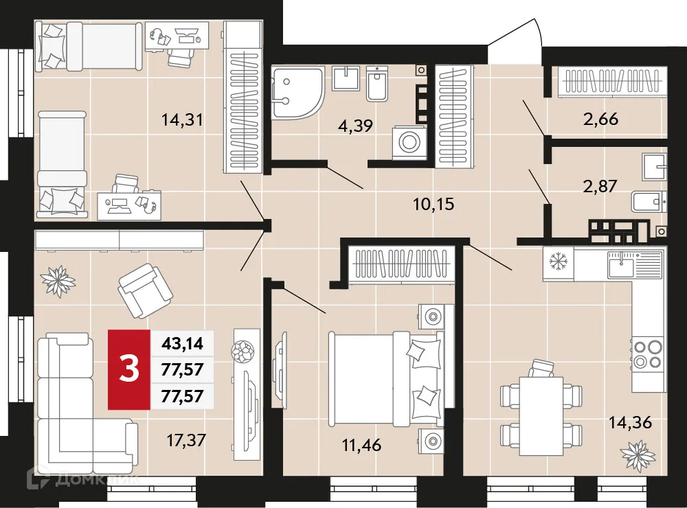 Планировка 3-комнатной квартиры 77.57 м² в ЖК Невский квартал, г. Верхняя Пышма — фото 1