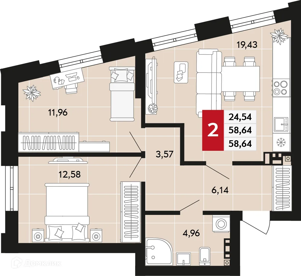 Планировка 2-комнатной квартиры 58.64 м² в ЖК Невский квартал, г. Верхняя Пышма — фото 1