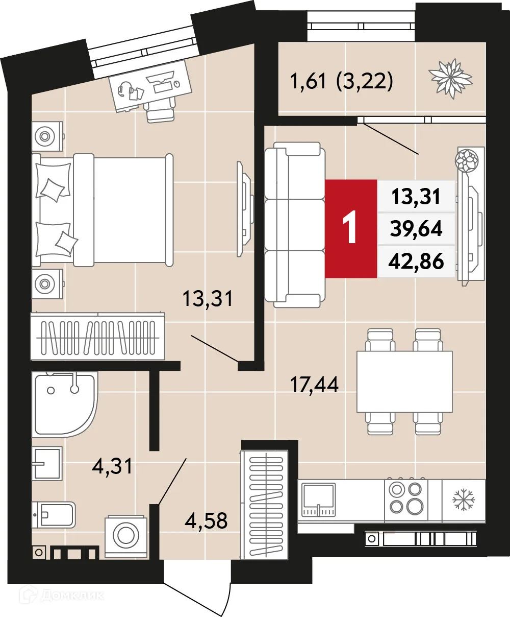 Планировка 1-комнатной квартиры 42.86 м² в ЖК Невский квартал, г. Верхняя Пышма — фото 1