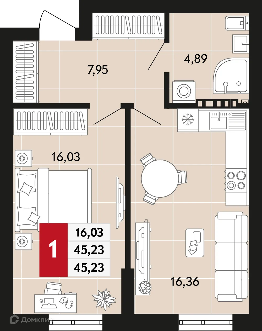Планировка 1-комнатной квартиры 45.23 м² в ЖК Невский квартал, г. Верхняя Пышма — фото 1