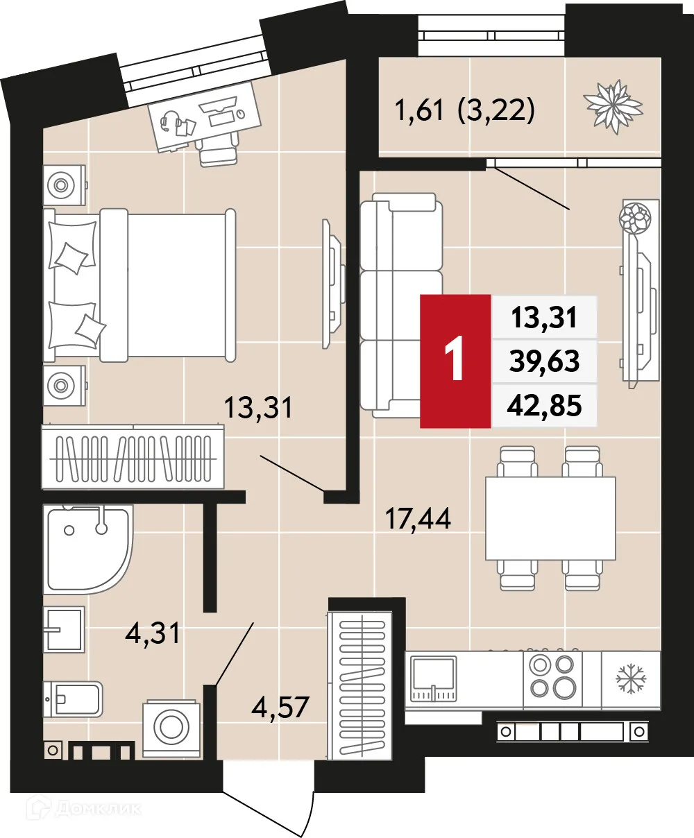 Планировка 1-комнатной квартиры 42.85 м² в ЖК Невский квартал, г. Верхняя Пышма — фото 1