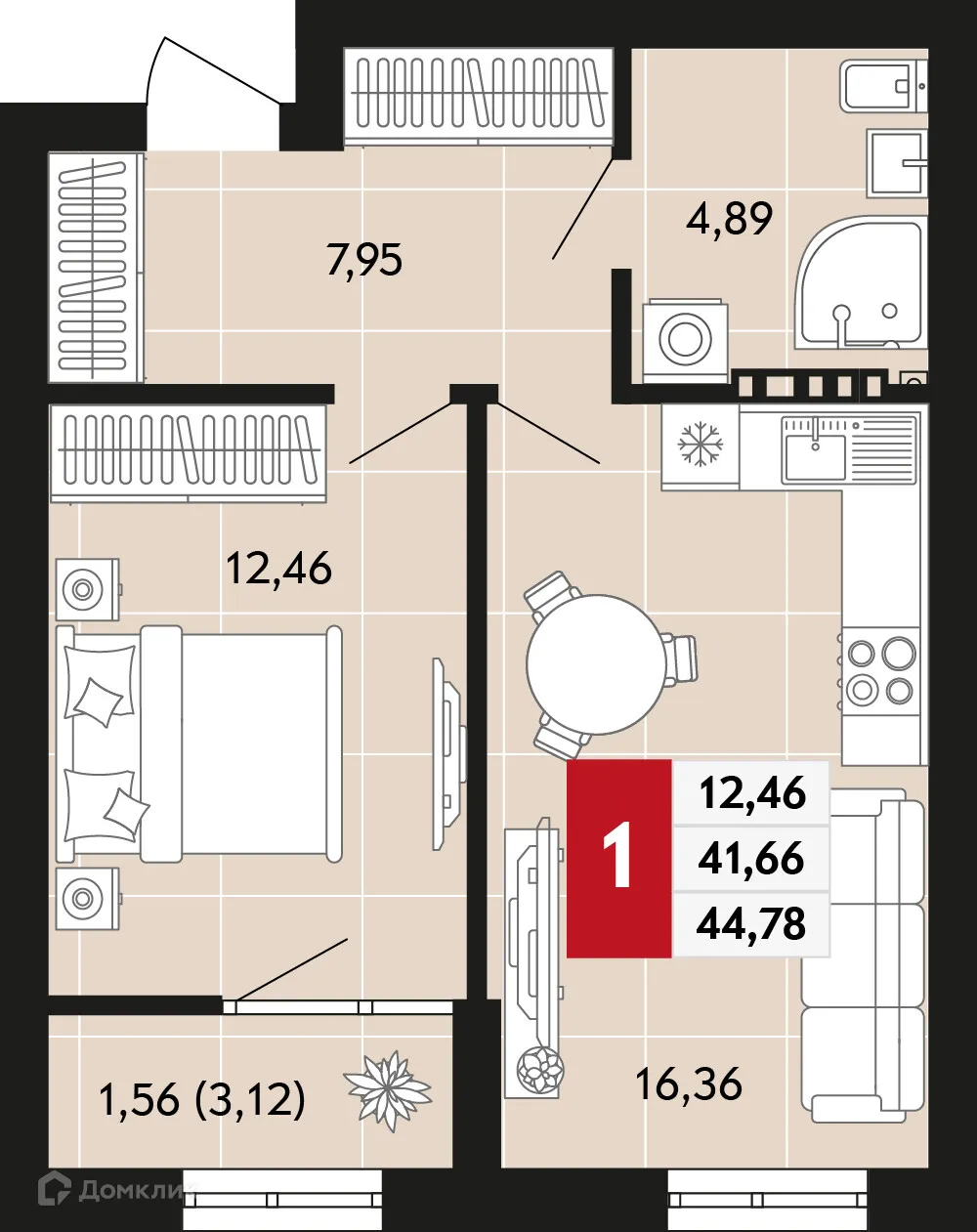Планировка 1-комнатной квартиры 44.78 м² в ЖК Невский квартал, г. Верхняя Пышма — фото 1