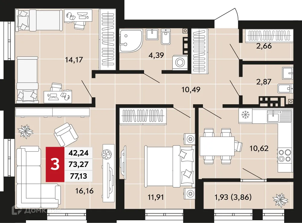 Планировка 3-комнатной квартиры 77.13 м² в ЖК Невский квартал, г. Верхняя Пышма — фото 1