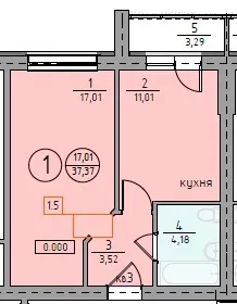 Планировка 1 комн. в ЖК "Ключевой"