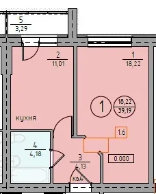 Планировка 1-комнатной квартиры 39.19 м² в ЖК "Ключевой", г. Магнитогорск — фото 1