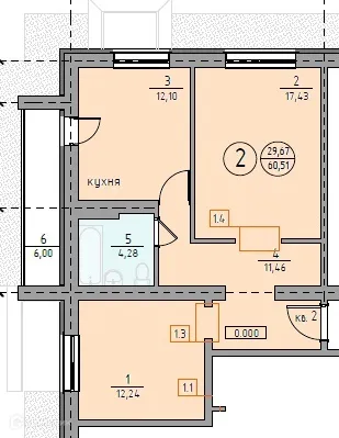 Планировка 2-комнатной квартиры 60.51 м² в ЖК "Ключевой", г. Магнитогорск — фото 1