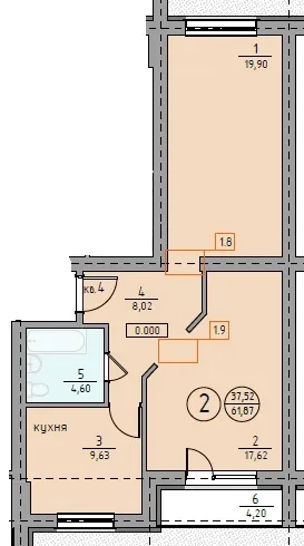 Планировка 2-комнатной квартиры 61.87 м² в ЖК "Ключевой", г. Магнитогорск — фото 1