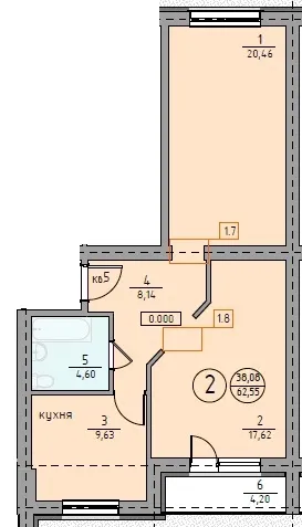 Планировка 2-комнатной квартиры 62.55 м² в ЖК "Ключевой", г. Магнитогорск — фото 1