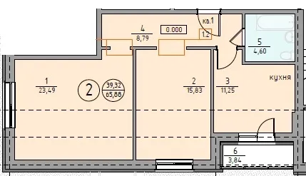 Планировка 2-комнатной квартиры 65.88 м² в ЖК "Ключевой", г. Магнитогорск — фото 1