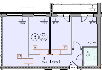 Планировка 3-комнатной квартиры 74.41 м² в ЖК "Ключевой", г. Магнитогорск — фото 1