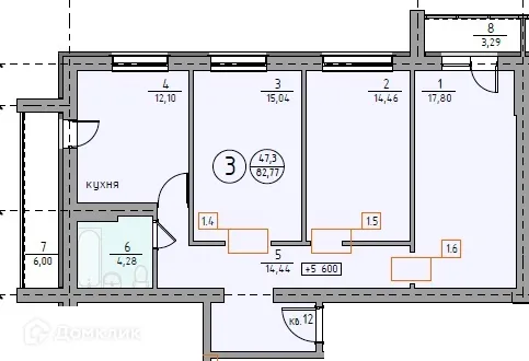 Планировка 3-комнатной квартиры 82.77 м² в ЖК "Ключевой", г. Магнитогорск — фото 1
