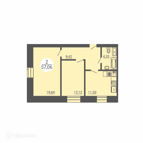 Планировка 2-комнатной квартиры 57.06 м² в ЖК Дом по пр Ленина, г. Магнитогорск — фото 1