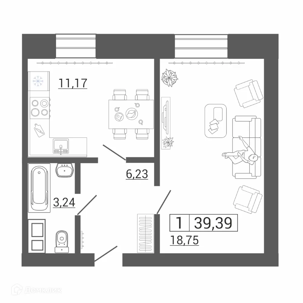 Планировка 1-комнатной квартиры 39.39 м² в ЖК Дом по пр Ленина, г. Магнитогорск — фото 1