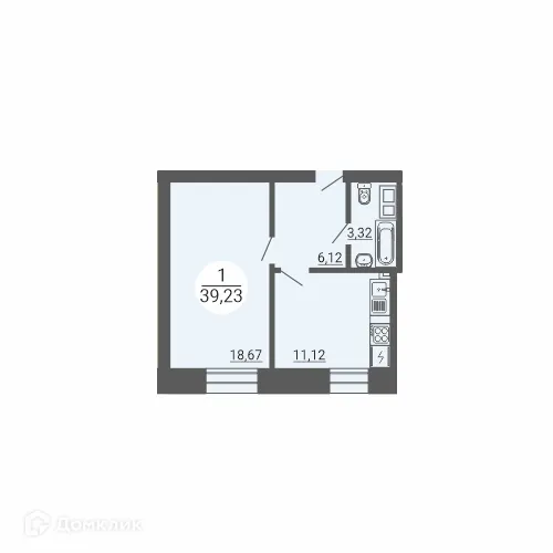 Планировка 1-комнатной квартиры 39.23 м² в ЖК Дом по пр Ленина, г. Магнитогорск — фото 1