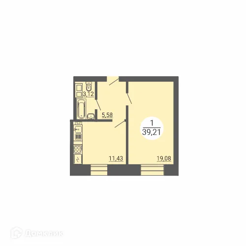 Планировка 1-комнатной квартиры 39.21 м² в ЖК Дом по пр Ленина, г. Магнитогорск — фото 1