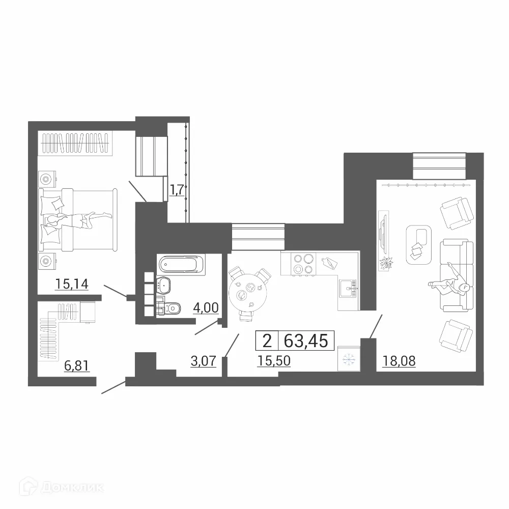 Планировка 2-комнатной квартиры 63.45 м² в ЖК Дом по пр Ленина, г. Магнитогорск — фото 1
