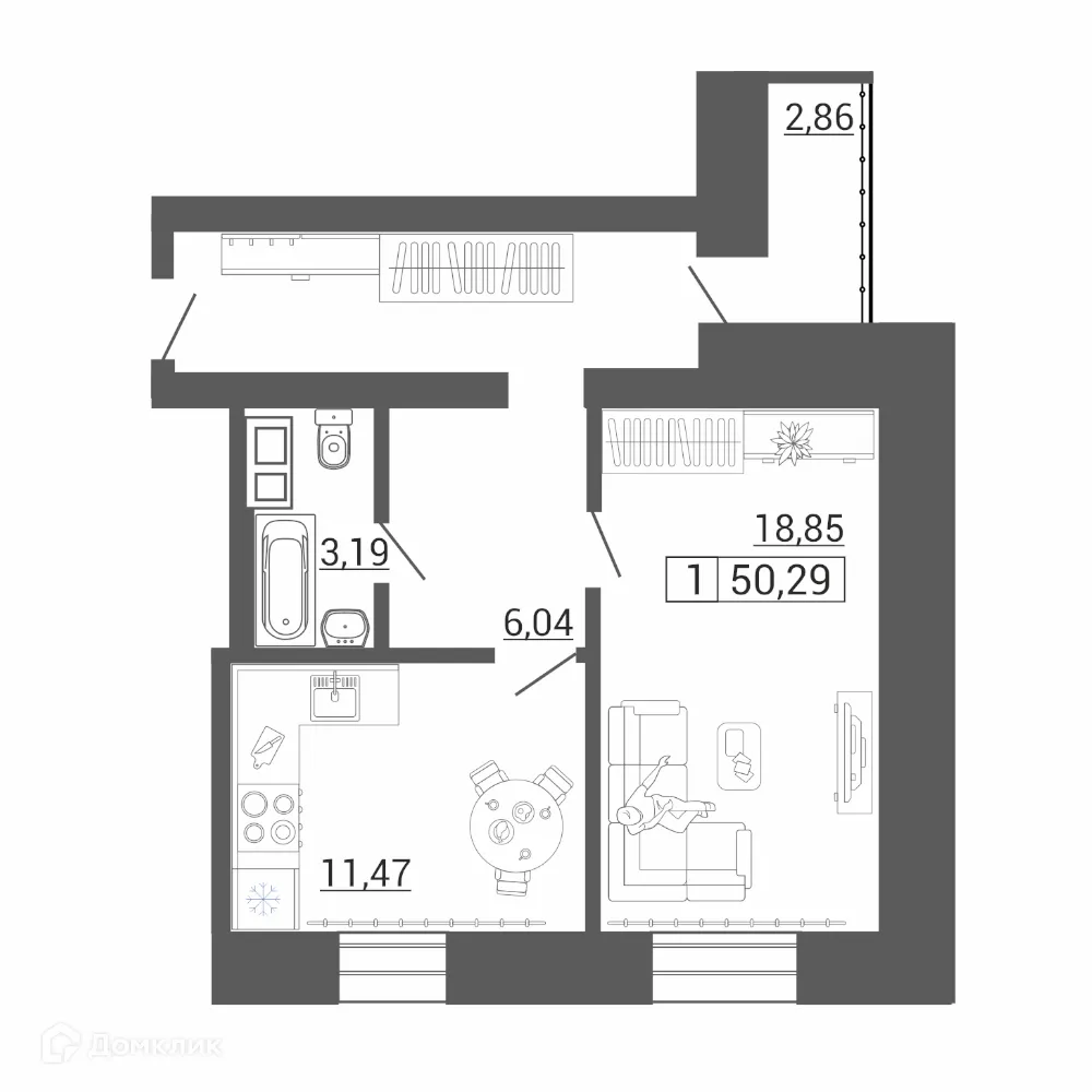 Планировка 1-комнатной квартиры 50.29 м² в ЖК Дом по пр Ленина, г. Магнитогорск — фото 1