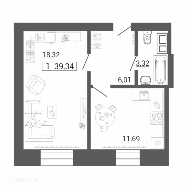Планировка 1 комн. в ЖК Дом по пр Ленина