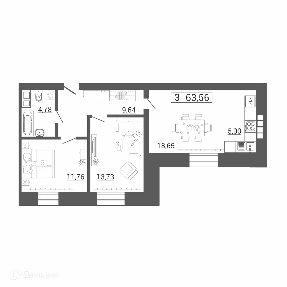 Планировка 3-комнатной квартиры 63.56 м² в ЖК Дом по пр Ленина, г. Магнитогорск — фото 1