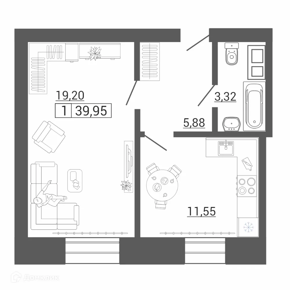 Планировка 1-комнатной квартиры 39.95 м² в ЖК Дом по пр Ленина, г. Магнитогорск — фото 1