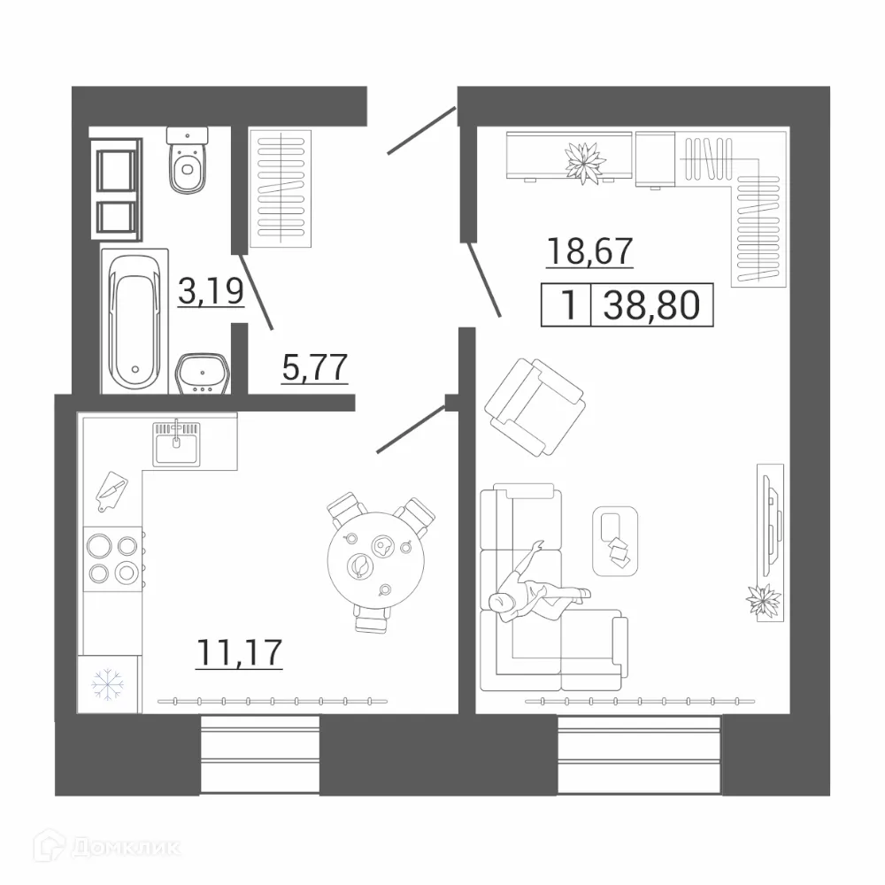 Планировка 1-комнатной квартиры 38.8 м² в ЖК Дом по пр Ленина, г. Магнитогорск — фото 1