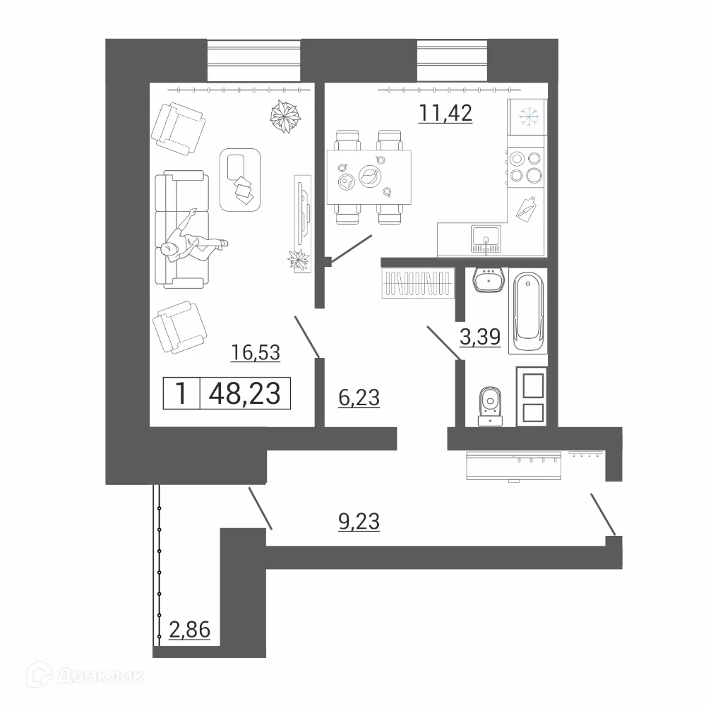 Планировка 1-комнатной квартиры 48.23 м² в ЖК Дом по пр Ленина, г. Магнитогорск — фото 1
