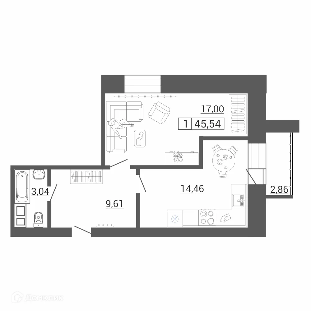 Планировка 1-комнатной квартиры 45.54 м² в ЖК Дом по пр Ленина, г. Магнитогорск — фото 1