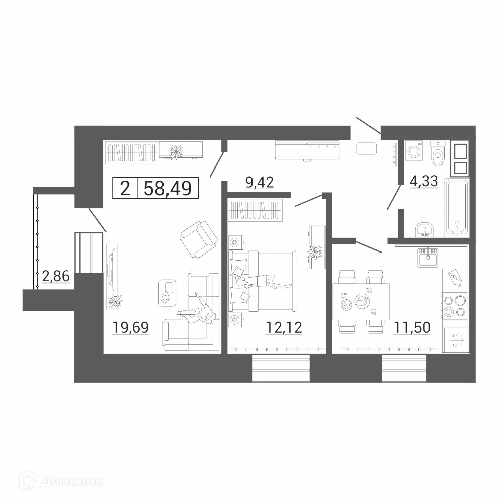 Планировка 2-комнатной квартиры 58.49 м² в ЖК Дом по пр Ленина, г. Магнитогорск — фото 1