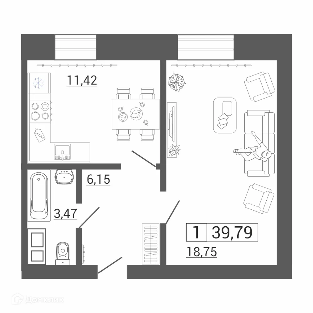 Планировка 1-комнатной квартиры 39.79 м² в ЖК Дом по пр Ленина, г. Магнитогорск — фото 1