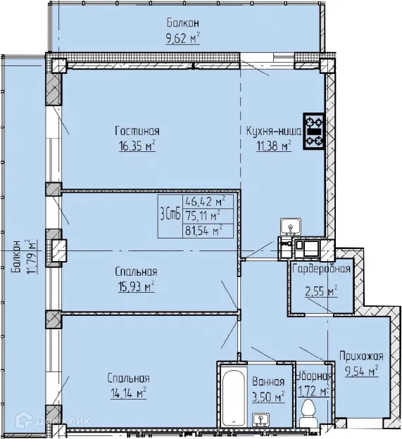 Планировка 3-комнатной квартиры 81.54 м² в ЖК Панорама, г. Набережные Челны — фото 1