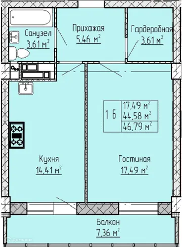 Планировка 1-комнатной квартиры 46.79 м² в ЖК Панорама, г. Набережные Челны — фото 1
