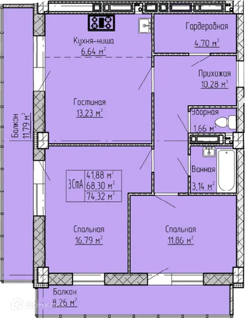 Планировка 3-комнатной квартиры 74.32 м² в ЖК Панорама, г. Набережные Челны — фото 1