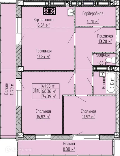 Планировка 3 комн. в ЖК Панорама