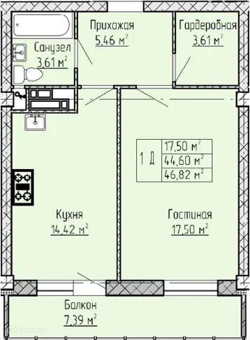 Планировка 1-комнатной квартиры 46.82 м² в ЖК Панорама, г. Набережные Челны — фото 1