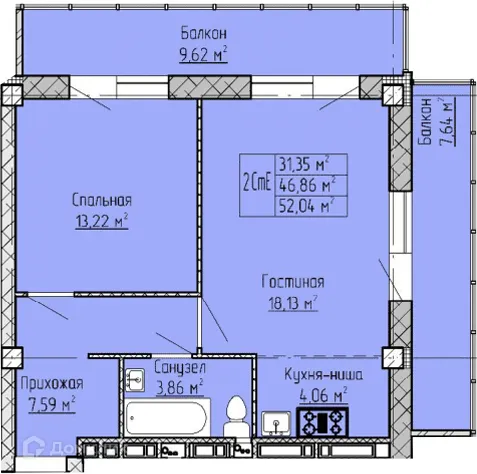 Планировка 2-комнатной квартиры 52.04 м² в ЖК Панорама, г. Набережные Челны — фото 1