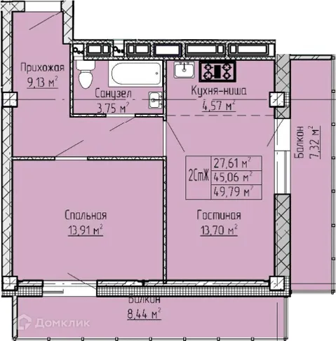 Планировка 2-комнатной квартиры 49.79 м² в ЖК Панорама, г. Набережные Челны — фото 1