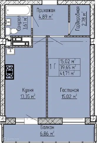 Планировка 1-комнатной квартиры 41.71 м² в ЖК Панорама, г. Набережные Челны — фото 1