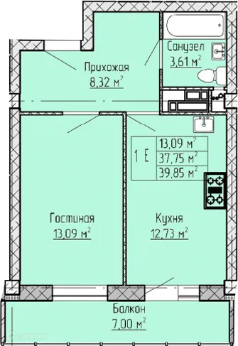 Планировка 1-комнатной квартиры 39.85 м² в ЖК Панорама, г. Набережные Челны — фото 1