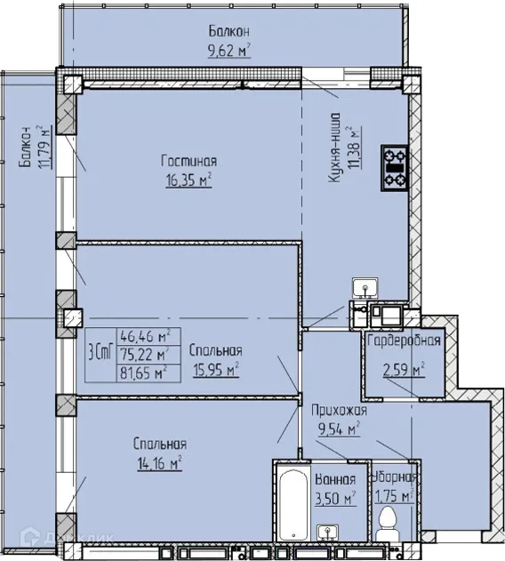 Планировка 3-комнатной квартиры 81.65 м² в ЖК Панорама, г. Набережные Челны — фото 1