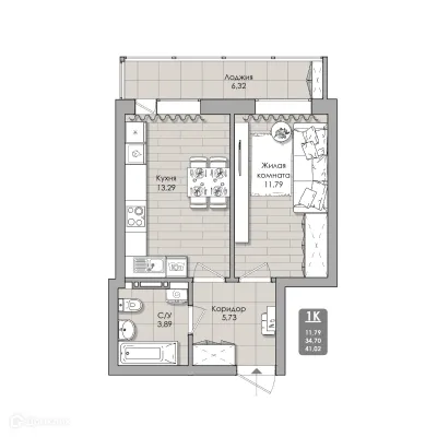 Планировка 1-комнатной квартиры 41.02 м² в NOVA-апарт, г. Новосибирск — фото 1