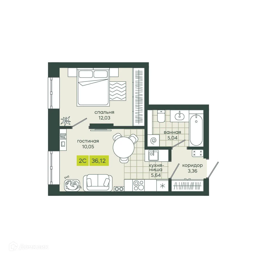 Планировка 2-комнатной квартиры 36.12 м² в ЖК Белкин, г. Новосибирск — фото 1