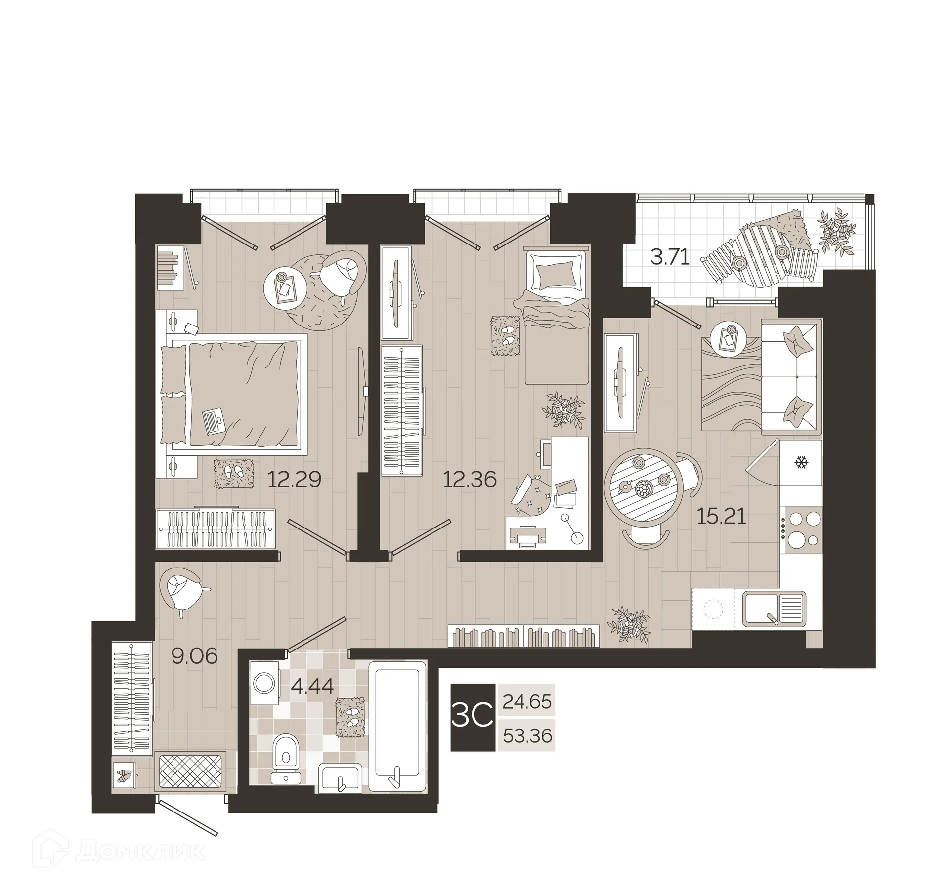 Планировка 2-комнатной квартиры 53.36 м² в ЖК Авторский квартал, г. Новосибирск — фото 1