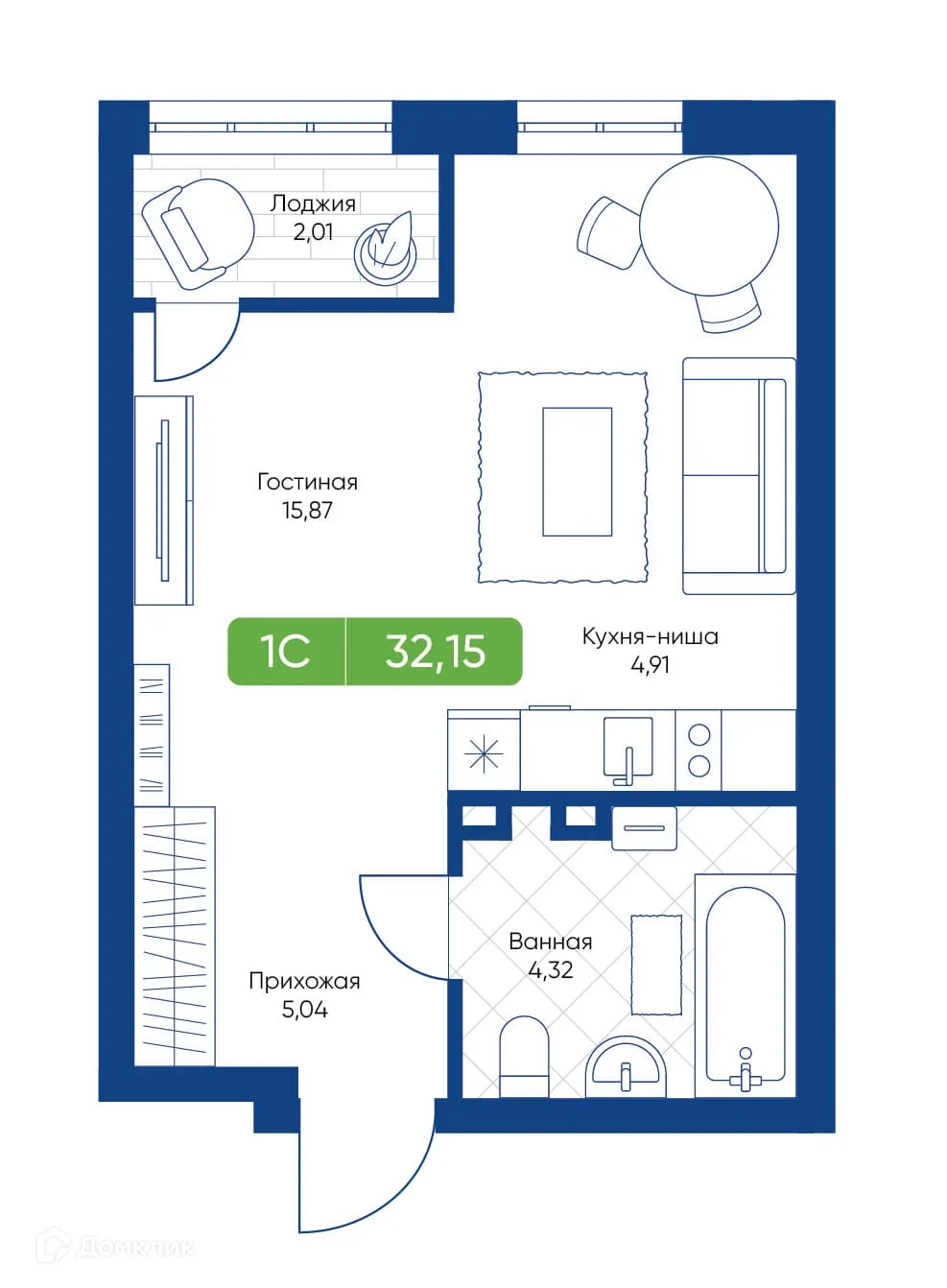 Планировка студии квартиры 32.15 м² в ЖК Биография, г. Новосибирск — фото 1