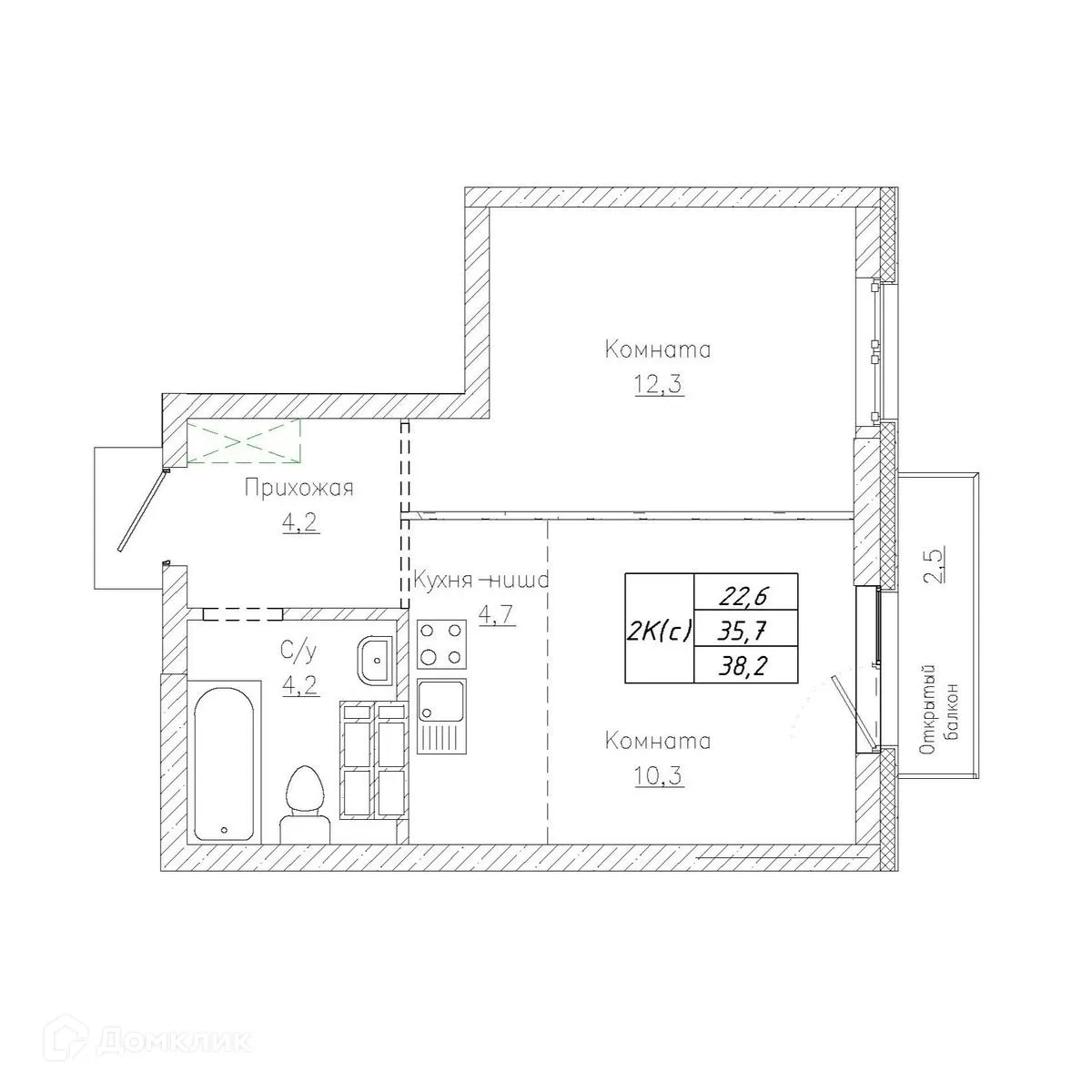 Планировка 2-комнатной квартиры 38.2 м² в ЖК Тихий, г. Новосибирск — фото 1