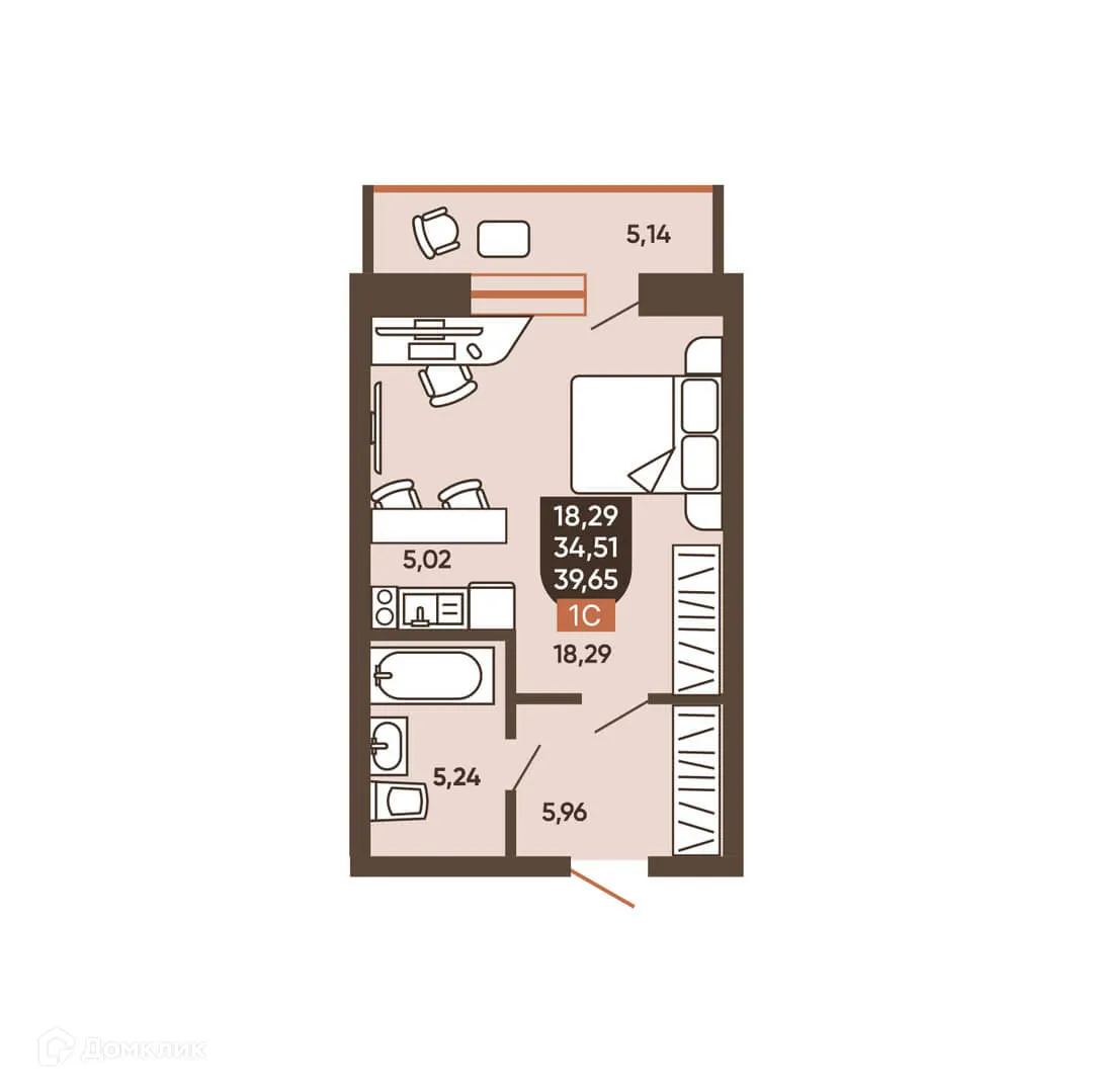 Планировка 1-комнатной квартиры 39.65 м² в ЖК ЕРМАК, г. Новосибирск — фото 1